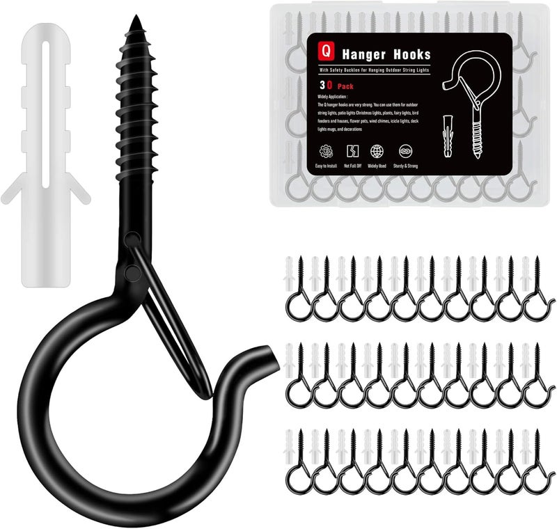 KULOLO Black Screw Hooks with Safety Lock 2.3" Rustproof Metal Ceiling Hooks for Hanging Plants, Baskets,String Lights & Outdoor Decor, 40LB Capacity (30, Black) - Image 1